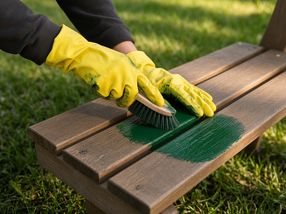 Green stain brushed onto a garden bench