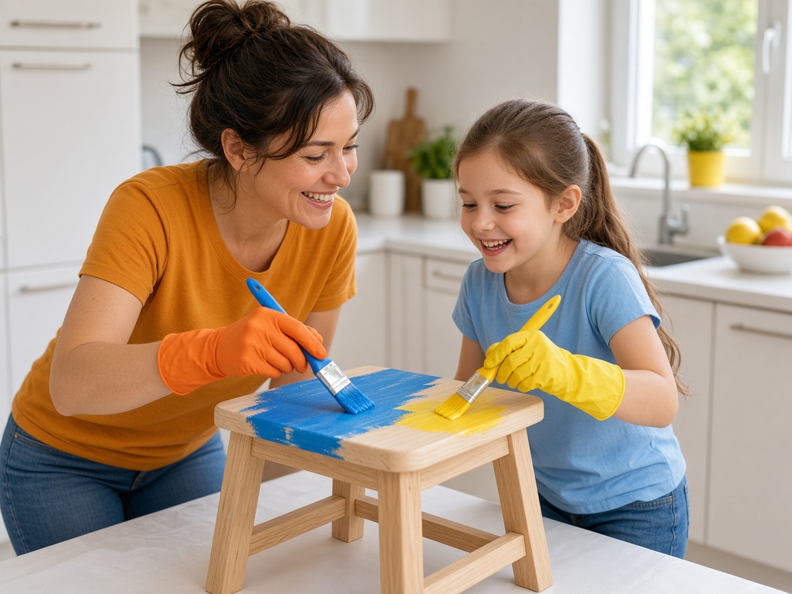 A parent and child painting a wooden stool