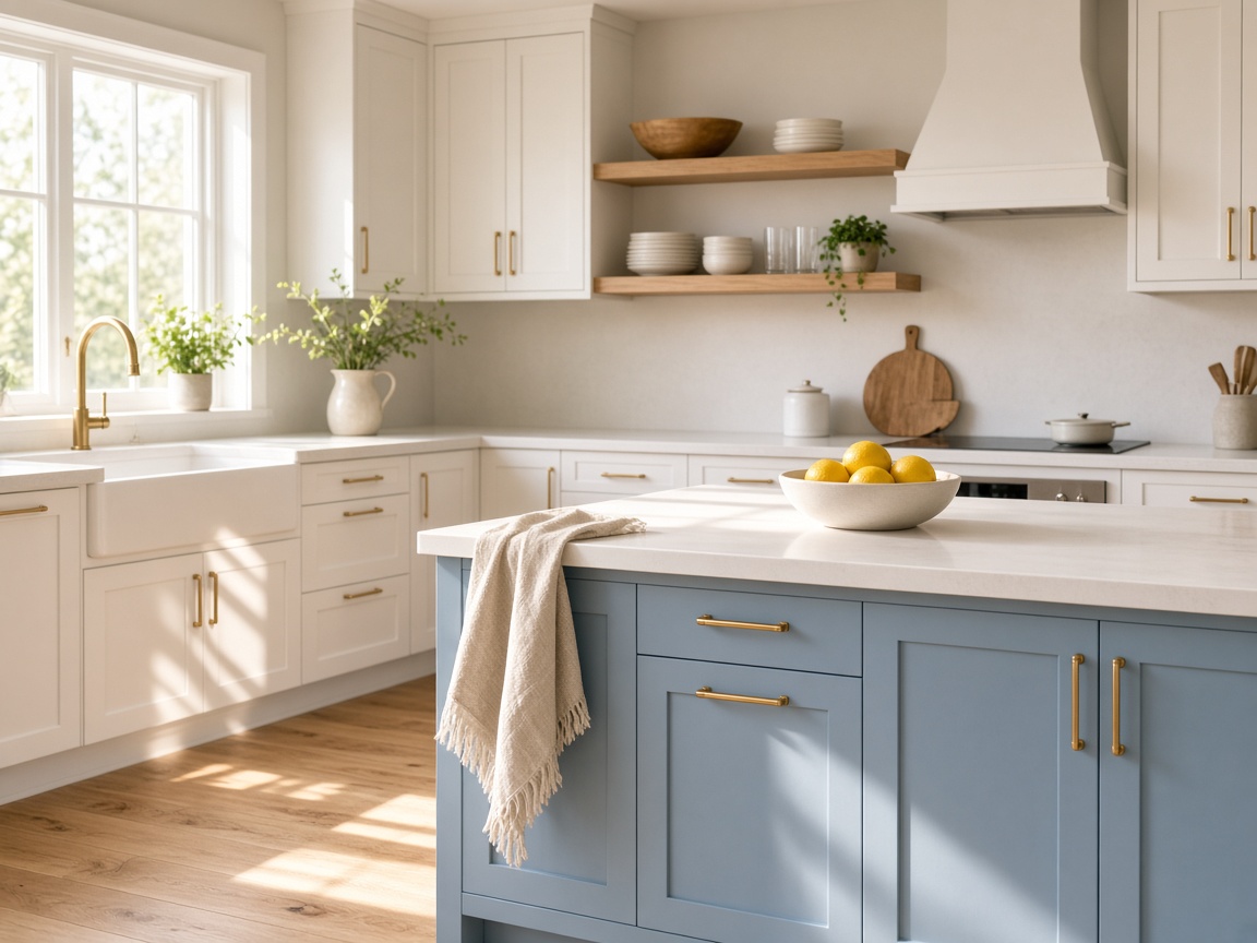 A white kitchen with a pale blue island