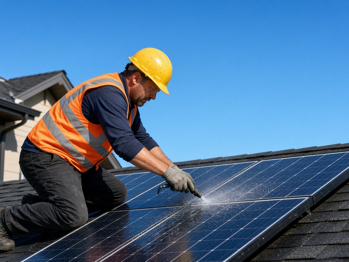 A worker caring for roof-mounted panels