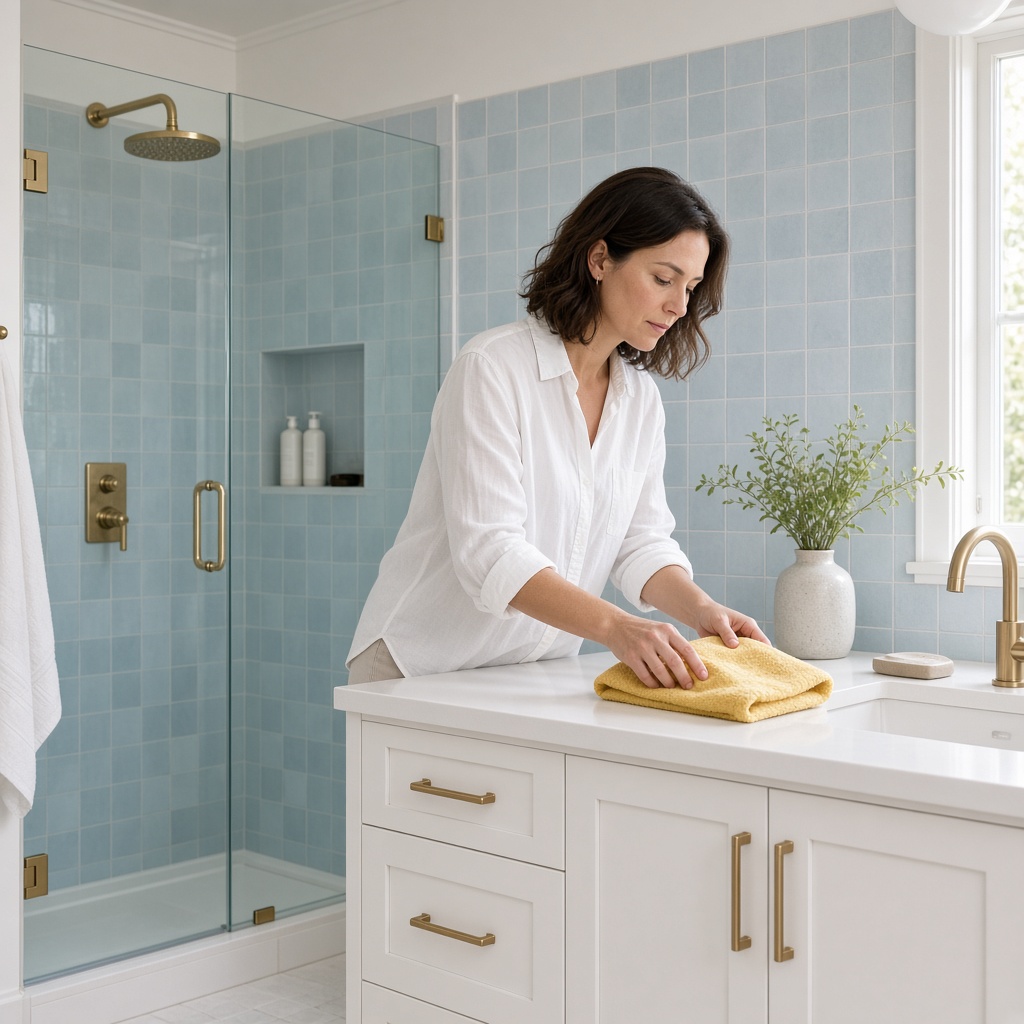 A bright renovated bathroom with soft blue tile