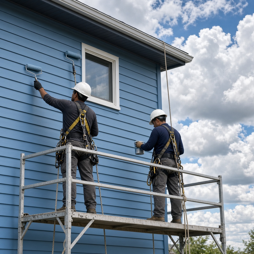 Painters refreshing the siding of a house