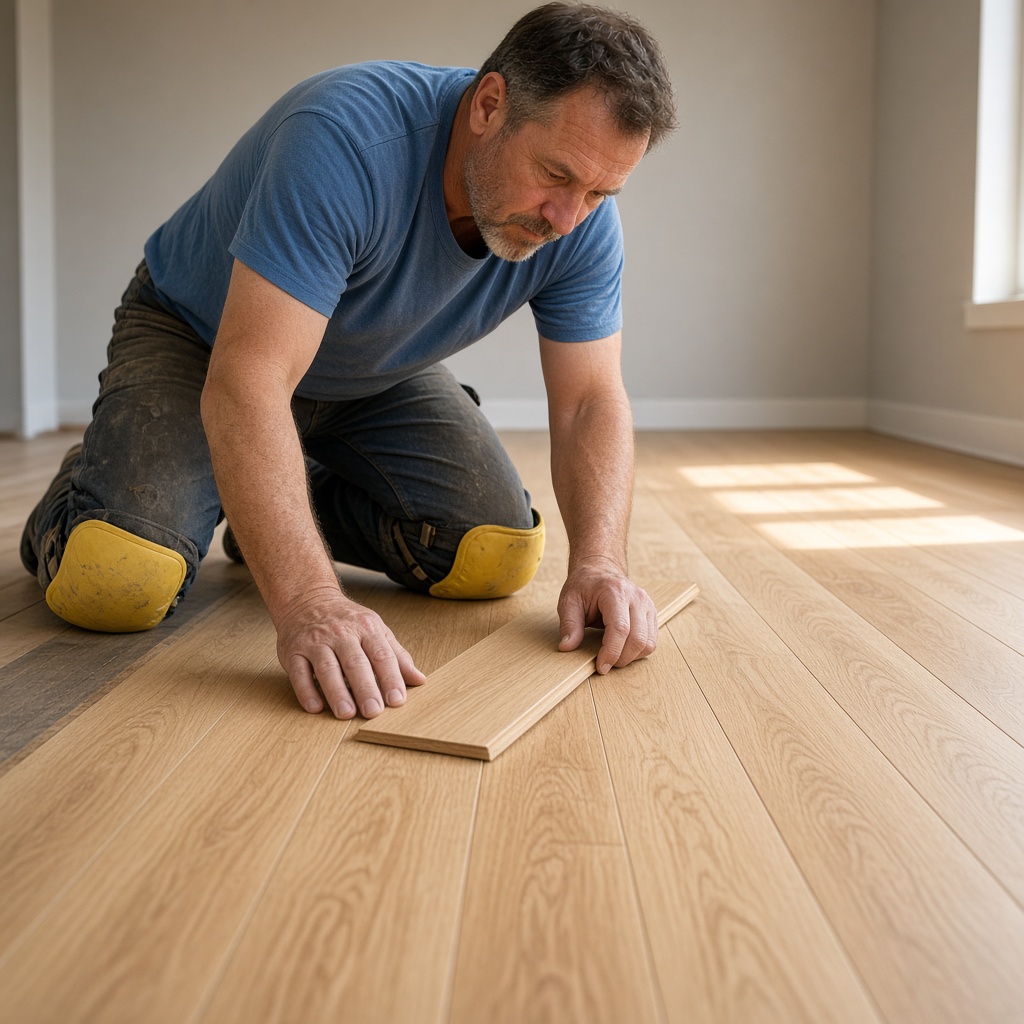 Oak flooring being installed in a sunlit room