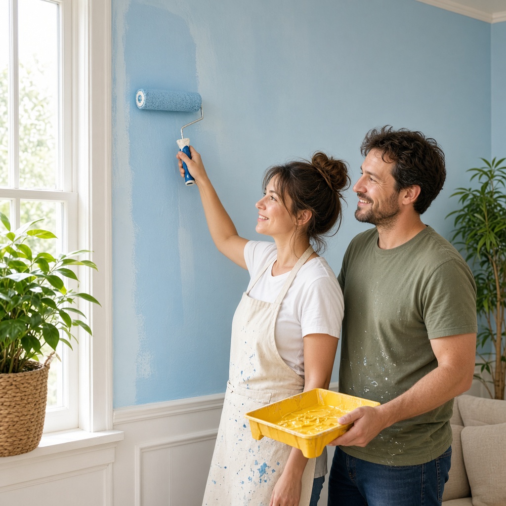 Two people painting a living room wall together